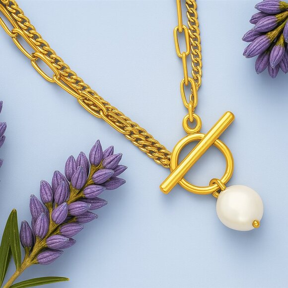 🆕️Dainty Pearl Pendant Necklace & Bracelet Set 18K Gold Plated Stainless Steel - Picture 6 of 10